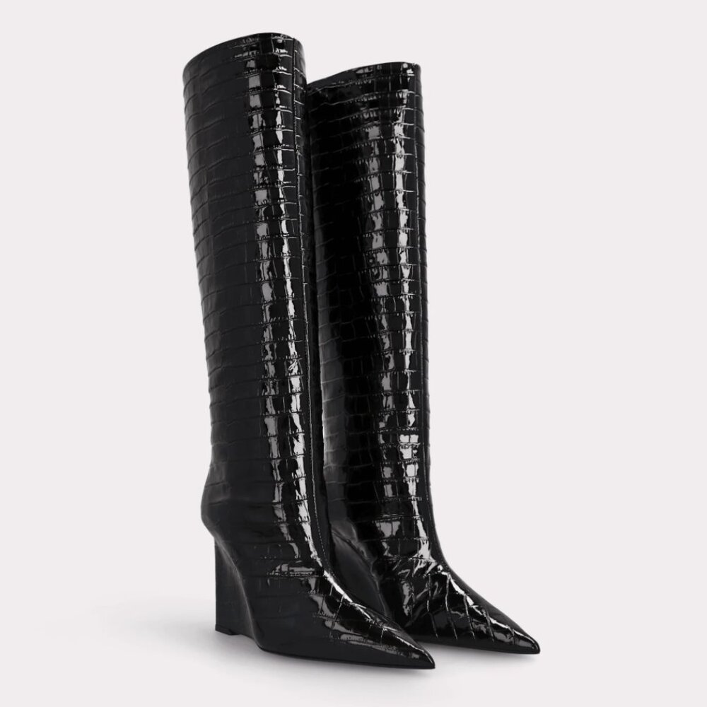 Zeudi Black Patent Croc Embossed Leather Edge Heel by Ingiliz